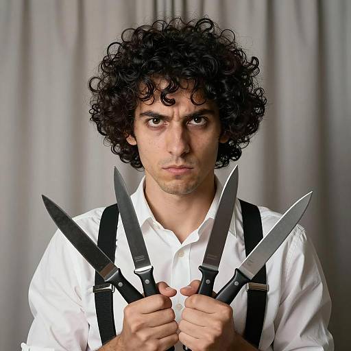 Intense Man with Knives and Suspenders