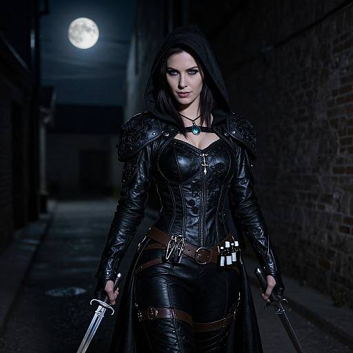 Photograph of a dark-haired woman in black leather armor, holding swords, standing in a moonlit, narrow alleyway, with a mysterious, intense