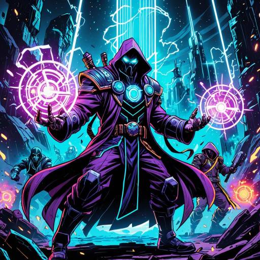 Techno-Mage in Neon Futuristic Battlefield