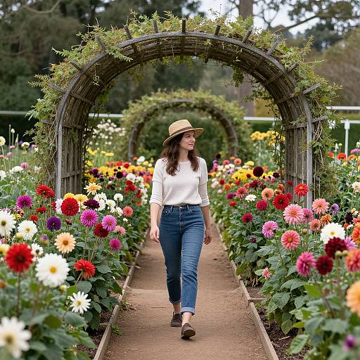 Photograph of a woman in a white blouse, blue jeans, and beige hat walking through a vibrant garden path with colorful dahlia flowers under an
