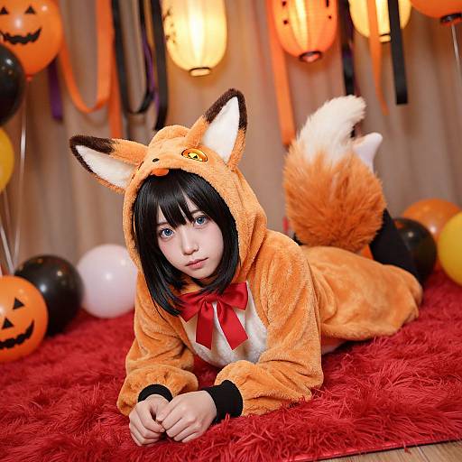Photograph of a young woman with black hair, blue eyes, and pale skin, wearing a fuzzy orange fox costume with ears and tail, lying on