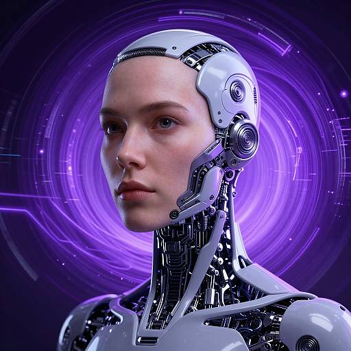 Photorealistic CGI of a bald, pale-skinned, androgynous robot-human hybrid with white mechanical head and neck, glowing purple energy vortex