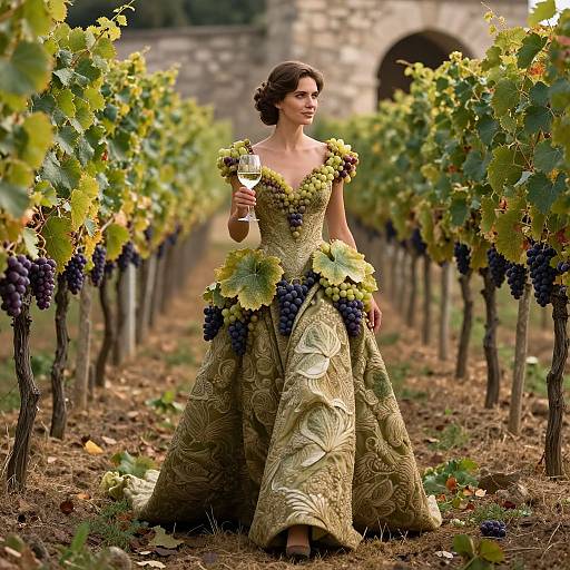 Photograph: Elegant brunette woman in gold, grape-patterned gown with grape garland, holding wine glass, walking through vineyard rows. Blurred