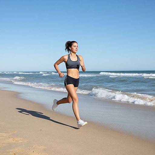 Photograph of a fit, dark-haired woman jogging on a sunny beach in a black sports bra and shorts, wearing white sneakers, with waves in the