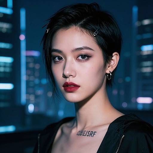 Digital portrait of an Asian woman with short black hair, red lipstick, black hoodie, city night background, tattoo on chest, earrings, intense gaze.