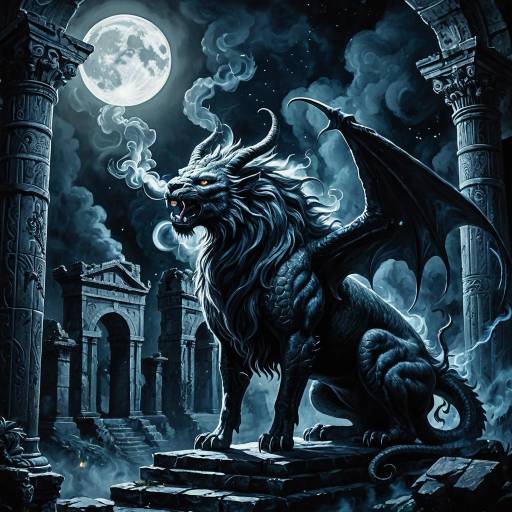 Mystical Chimera in Moonlit Ruins
