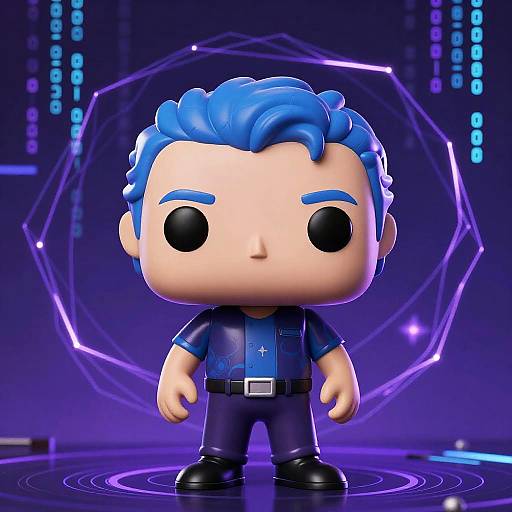 Chibi-style CGI image of a blue-haired character with large black eyes, wearing a blue shirt and black pants, standing on a glowing purple circular platform