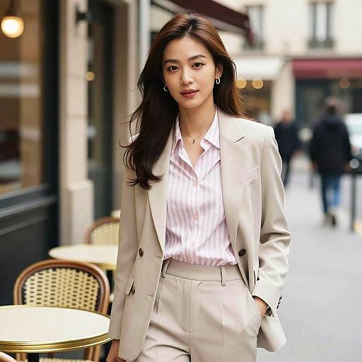 Photograph of an Asian woman with long dark hair, wearing a white suit and pink-striped shirt, standing confidently in a bustling urban street.
