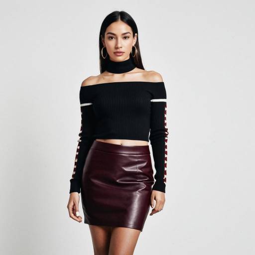 Woman in Black Off-Shoulder Top and Burgundy Leather Skirt