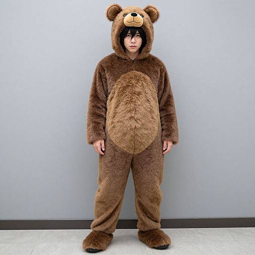 Photograph of an Asian boy wearing a brown bear costume with a cute bear face hood, standing against a plain gray wall.