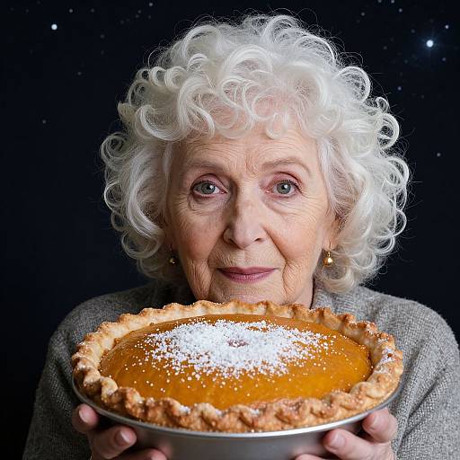 Photograph of an elderly woman with curly white hair, holding a pumpkin pie sprinkled with white sugar, against a starry black background.