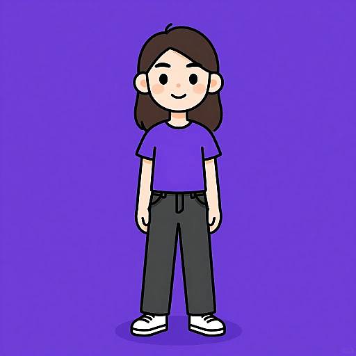 Digital cartoon of a young girl with brown hair, wearing a purple shirt, black pants, and white sneakers, against a solid purple background. Simple,