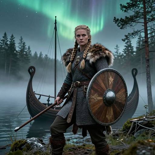 Photograph-style digital art: Blonde Viking woman with braids, fur-lined armor, wooden shield, and spear, stands by Viking longships under green
