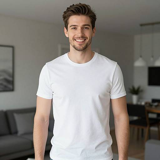 Photograph of a smiling, handsome, young man with dark brown hair and light beard, wearing a plain white t-shirt, standing in a modern,