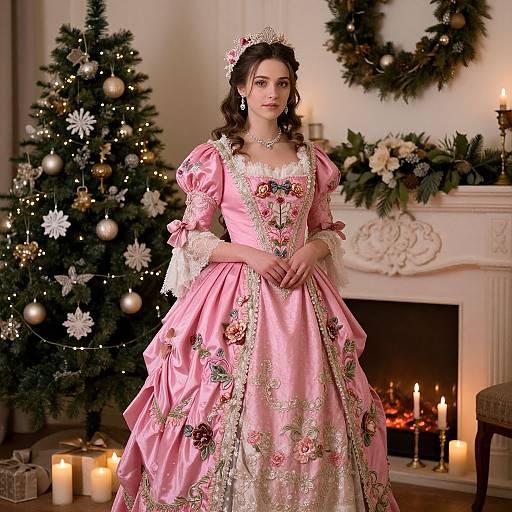 Photograph of a young woman in a pink, floral-embroidered Renaissance-style dress, wearing a tiara, standing in a Christmas-decor