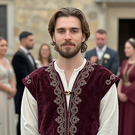 Photograph of a bearded man with brown hair, wearing a maroon velvet vest with white shirt, standing in front of a blurred background of guests
