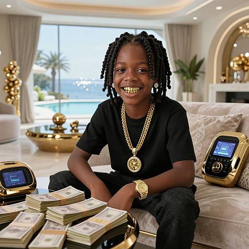 Young Black boy with gold teeth, dreadlocks, black shirt, gold necklace, and watch, sitting on a white couch with stacks of money and two