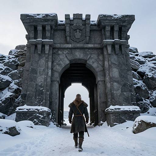 Photograph of a lone, cloaked figure with fur trim, standing before a snow-covered, medieval stone archway set amidst rocky terrain.