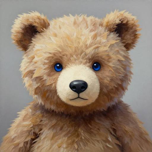 Digital painting of a fluffy, tan teddy bear with bright blue eyes and a black nose, set against a light gray background.