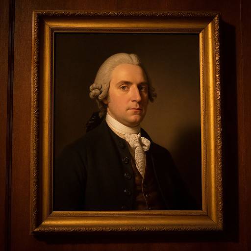 Portrait of an 18th-century man with powdered hair, wearing a black coat and white cravat, framed in a gold ornate frame.