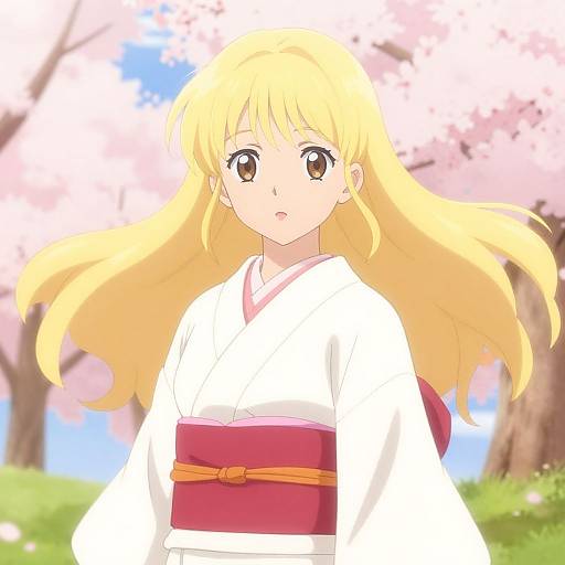 Anime-style digital drawing of a blonde girl with large brown eyes, wearing a white kimono with a red obi, against a backdrop of pink cherry