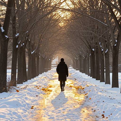 Photograph of a solitary figure in a black coat walking down a snow-covered, tree-lined path at sunset, with golden light reflecting off the snow.