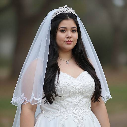 Photograph of an Asian bride with long black hair, wearing a white lace wedding dress and veil, standing outdoors, smiling softly.