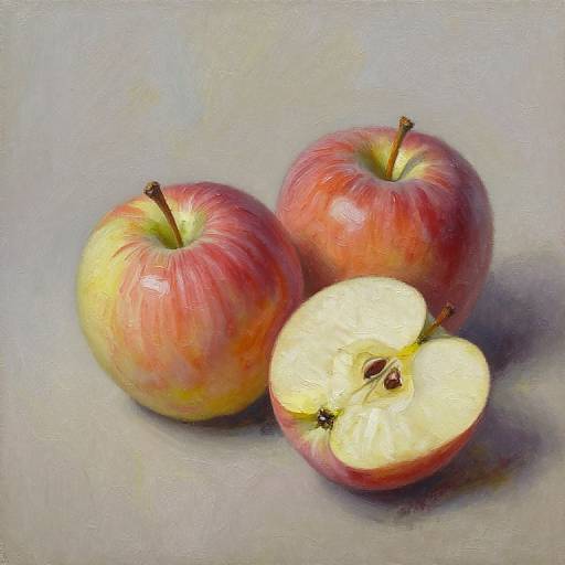 Digital painting of two whole red apples with yellow streaks and one halved apple, revealing white flesh and seeds, on a gray background.