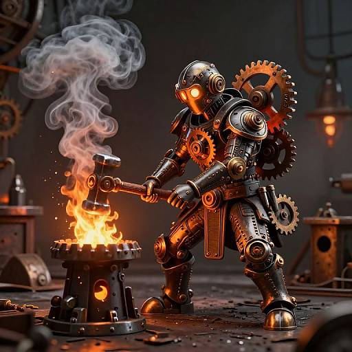 Steampunk robot with glowing orange eyes, holding a flaming hammer over a gear-shaped fire in a dark, industrial workshop.