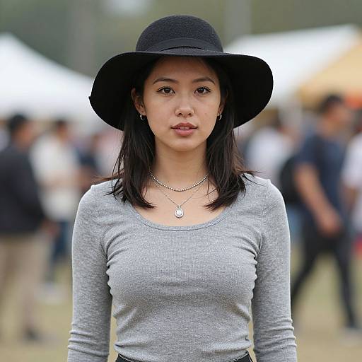 Photograph of an Asian woman with straight black hair, wearing a black hat, gray long-sleeve top, silver necklace, and earrings, standing