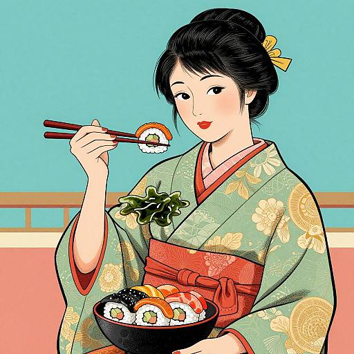 Digital illustration of an Asian woman in a green floral kimono with red obi, eating sushi with chopsticks, holding a sushi bowl. Background:
