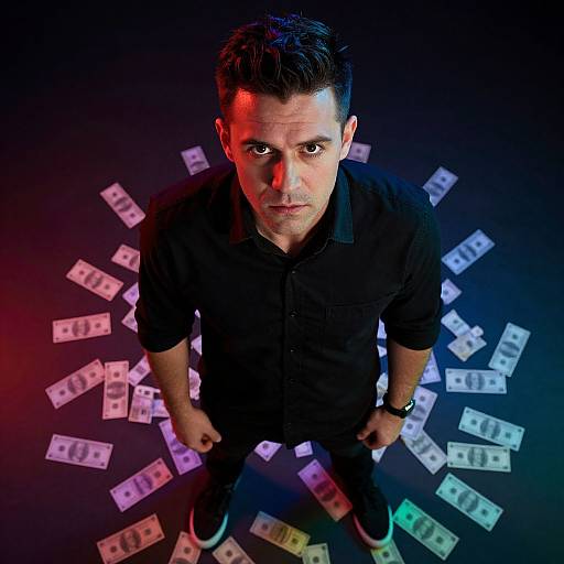 Serious Man Amid Colorful LED Money