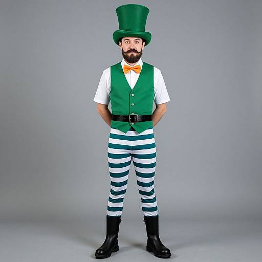 Photograph of a bearded man in a green top hat, green vest, white shirt, orange bowtie, striped blue and white pants, black