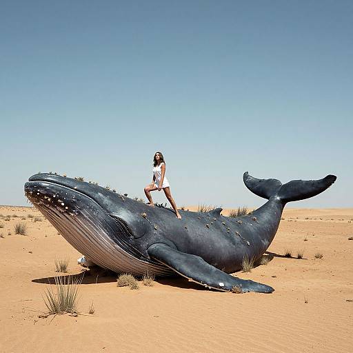 Photograph of a woman in white shorts and tank top sitting on a large, black whale-like creature in a desert with sparse grass. Clear blue sky
