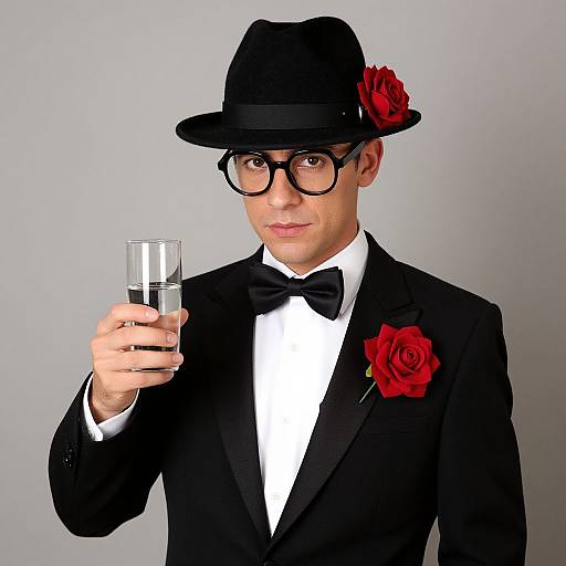 Photograph of a man in a black tuxedo, bow tie, and black fedora with red roses, holding a glass of whiskey, wearing