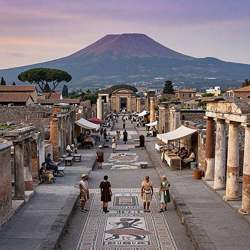 Photograph of a Roman street in Pompeii with people strolling, market stalls, ancient columns, and Mount Vesuvius in the background.