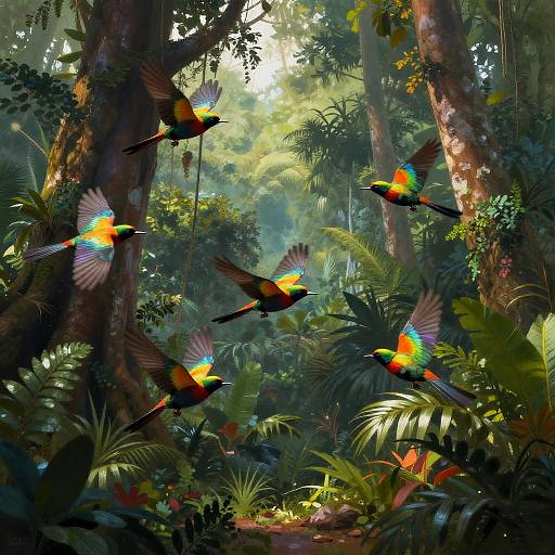 Colorful Tropical Birds in Misty Jungle
