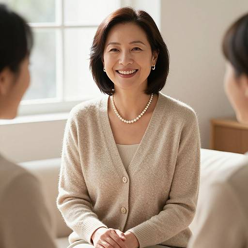 Photograph of a smiling Asian woman with short black hair, wearing a beige cardigan, pearl necklace, and earrings, seated in a bright, white
