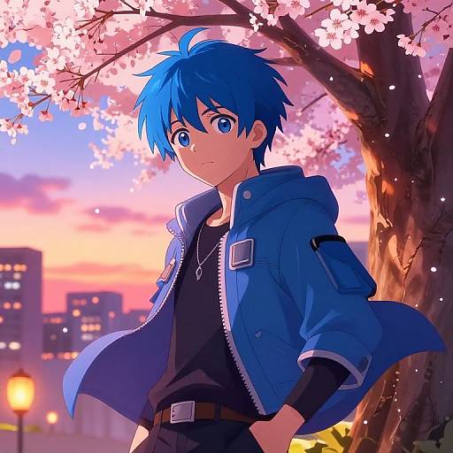Anime-style digital drawing of a blue-haired boy in a blue jacket, standing under cherry blossoms at sunset, cityscape background.