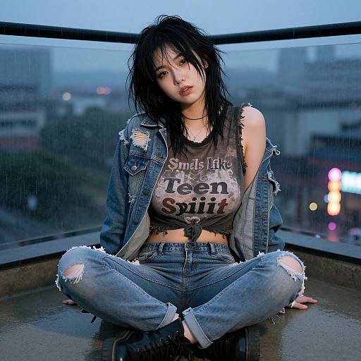 Photograph of a wet, black-haired woman with pale skin, sitting cross-legged on a balcony at dusk, wearing a ripped denim jacket and jeans with