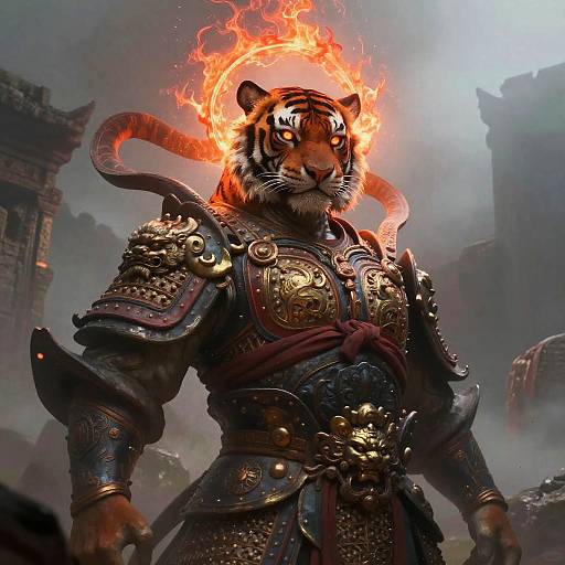 Digital art of a fierce, anthropomorphic tiger warrior with a flaming halo, wearing ornate, gold-embellished armor in a misty,