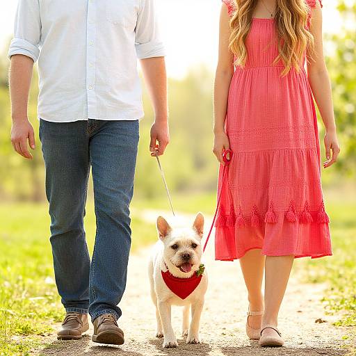 Photograph of a man and woman walking a white French Bulldog with a red bandana, both holding leashes, on a sunny path.