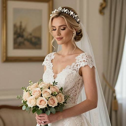 Photograph of a blonde bride in a lace white wedding dress, holding a bouquet of pink roses, with a floral headpiece and veil, standing in