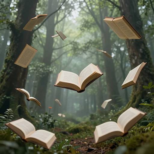 Enchanted Floating Books in Misty Forest