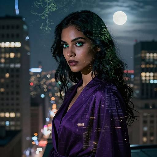 Photograph-style digital artwork of a striking woman with long, wavy black hair, intense blue eyes, wearing a purple satin robe, standing in a