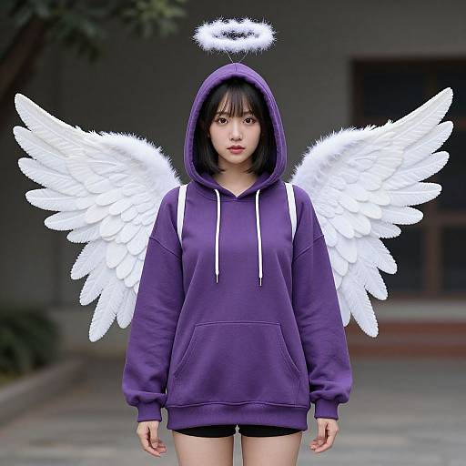Photograph of an Asian woman with black hair, purple hoodie, white angel wings, halo, and black shorts, standing outdoors.