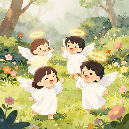Anime-style digital illustration of four cute, black-haired angel children with glowing halos and white wings, joyfully playing in a sunlit, flower-filled