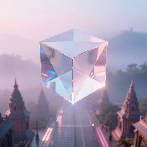 Neon Prism Cube Over Misty Peaks