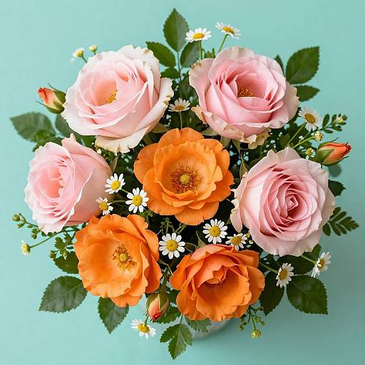 Photograph of a vibrant bouquet featuring pink and orange roses, white daisies, and green leaves against a light blue background.