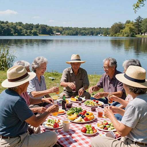 Six elderly friends picnic by a serene lake, wearing straw hats, sharing a colorful, fruit-filled meal on a red checkered blanket.